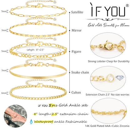 Gold Ankle Bracelets for Women, 14k Gold Plated Waterproof Cuban Link Chain Anklets Set, Layered Anklet Bracelets for Women Beach Gift Adjustable Size 5pc (GOLD-1) - Available at All In One Marketplace Canada