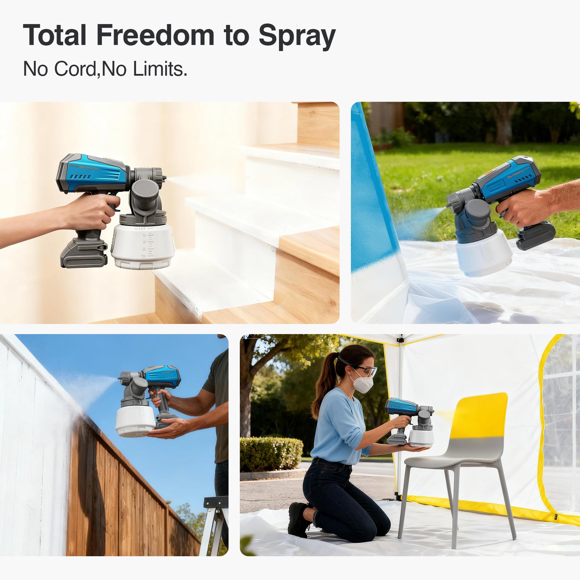Tilswall Cordless Paint Sprayer Shark700 with 90000RPM Brushless Motor, Spray Paint Gun Compatible with Dewalt 20V Battery(No Battery), 1300ml Easy Side-Fill, 3 Patterns, Ideal for House Painting - Available at All In One Marketplace Canada
