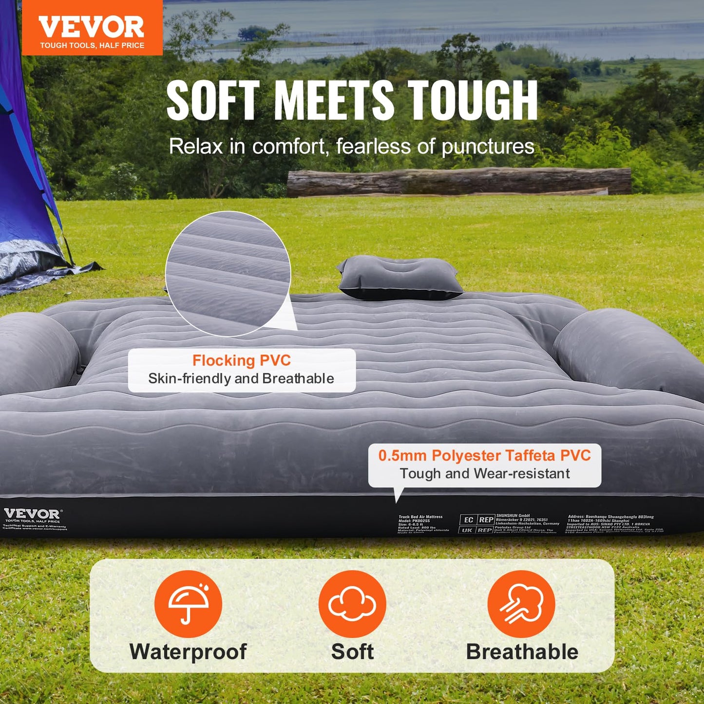 VEVOR Truck Bed Air Mattress, for 6-6.5 ft Full Size Truck Beds, Inflatable Air Mattress Camping Bed with 12V Air Pump 2 Pillows, Carry Bag, for Chevrolet Silverado, Dodge Ram, Ford 150/250/350 VEVOR