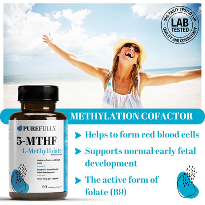 PUREFULLY 5-MTHF 1000mcg, 90 Capsules - L Methylfolate (Active Form of Vitamin B9 Folate) Supplement - Supports Cardiovascular Health and Early Fetal Development - Available at All In One Marketplace Canada
