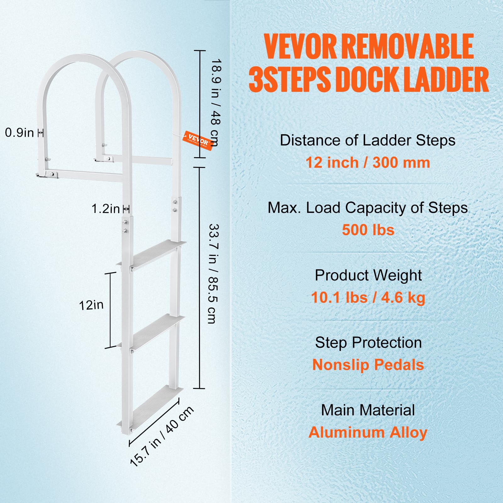 VEVOR Dock Ladder, Removable 3 Steps, 500 lbs Load Capacity, Aluminum Alloy Pontoon Boat Ladder with 3.1'' Wide Step & Nonslip Mat, Easy to Install for Ship/Lake/Pool/Marine Boarding VEVOR