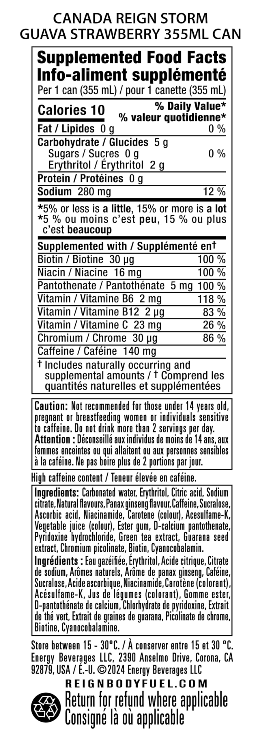 REIGN STORM, Strawberry Guava, 355 mL Cans (12 Pack) – Clean Energy Drink, Zero Sugar, Plant-Based, Vegan