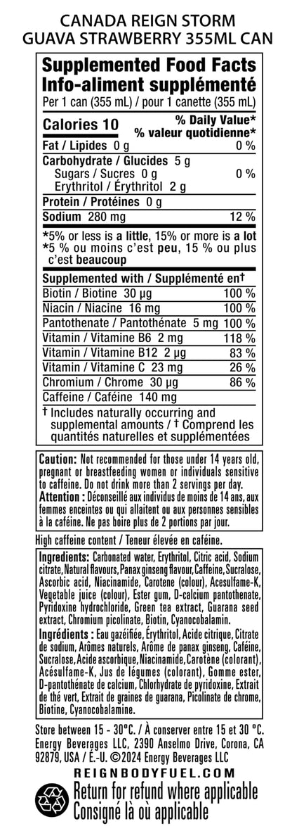 REIGN STORM, Strawberry Guava, 355 mL Cans (12 Pack) – Clean Energy Drink, Zero Sugar, Plant-Based, Vegan