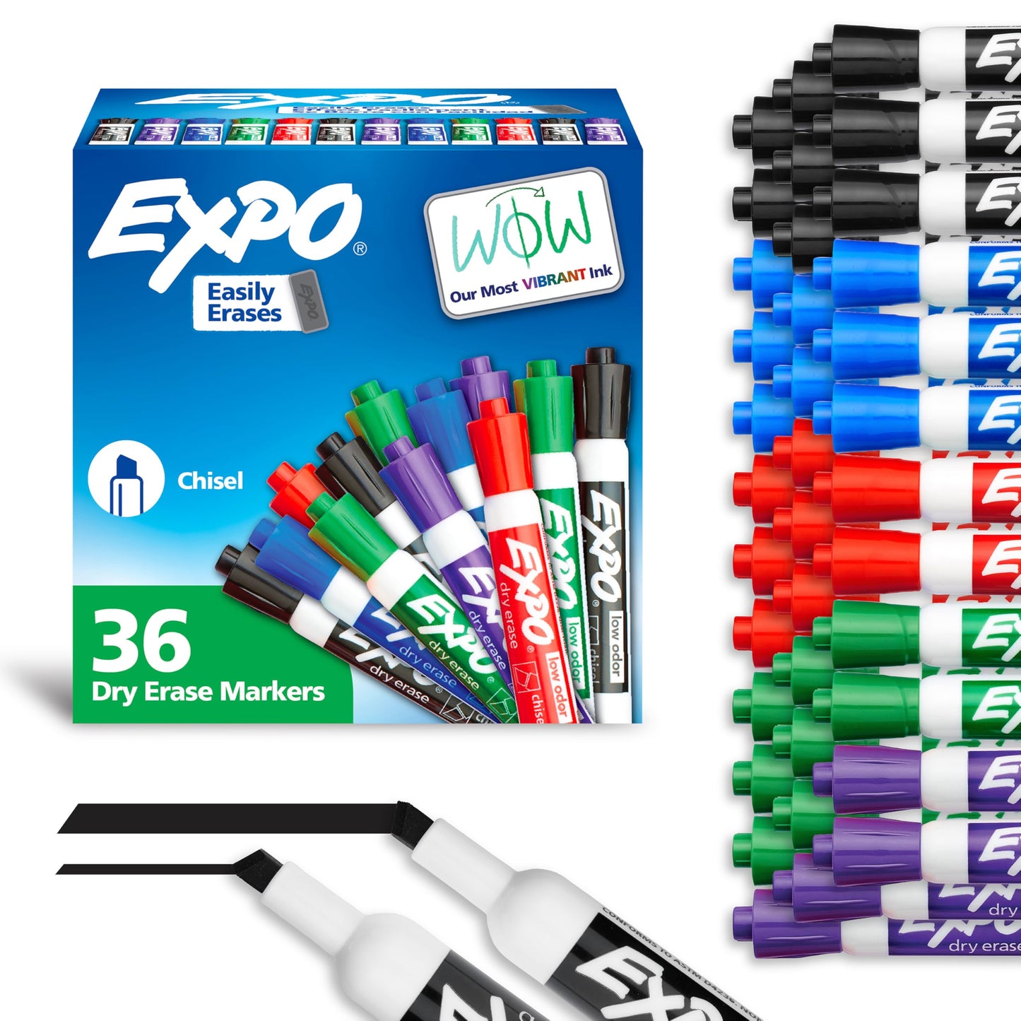 EXPO Dry Erase Markers, Low Odour Ink, Assorted Colours, Chisel Tip, 36 Count Expo