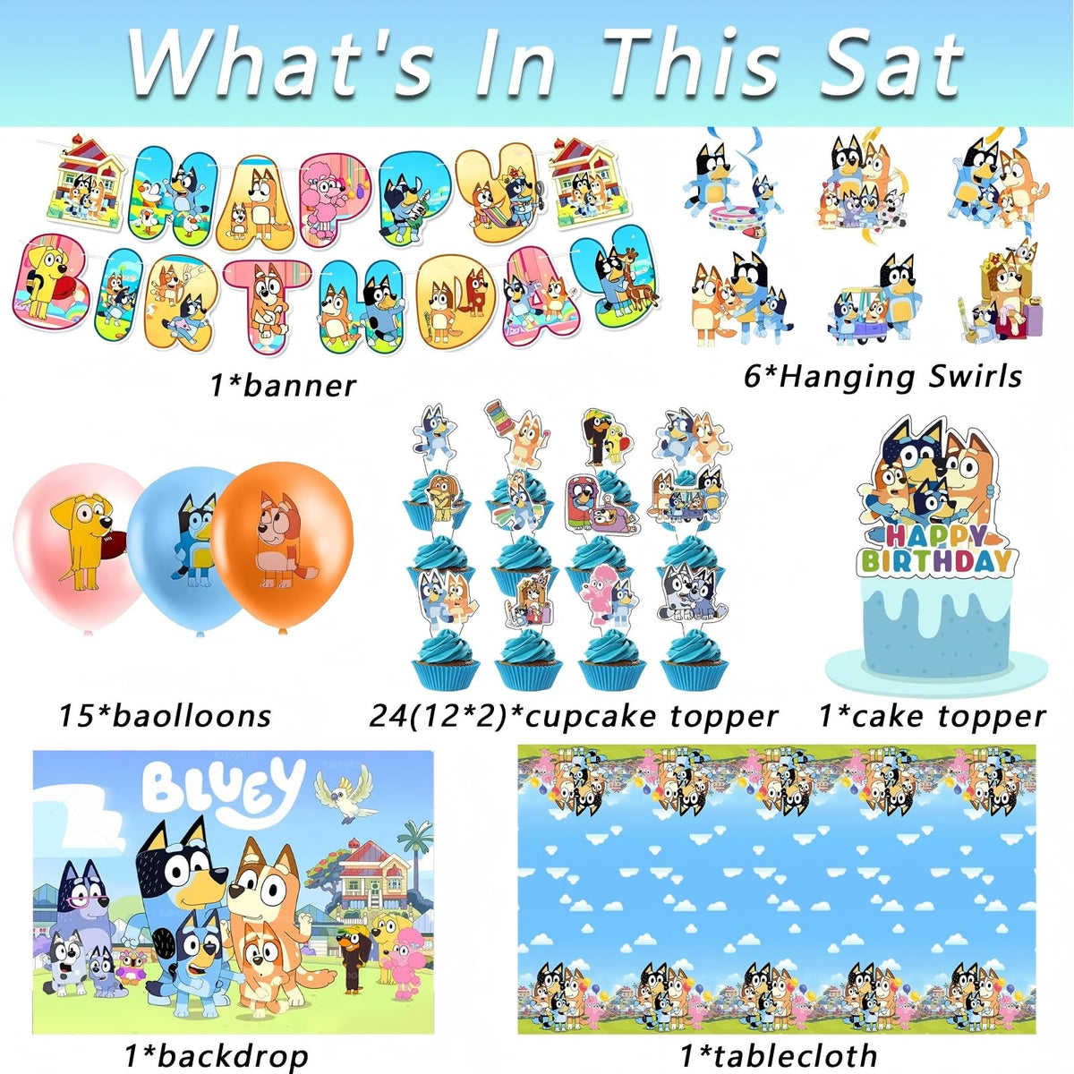 For Bluey Party Supplies, 50 PCS Birthday Decorations Set Include Banner, Balloons,, Hanging Swirls, Cake Cupcake Toppers, Tablecloth for Boys Girls Hunters Theme Party 🍁 All In One Marketplace Canada