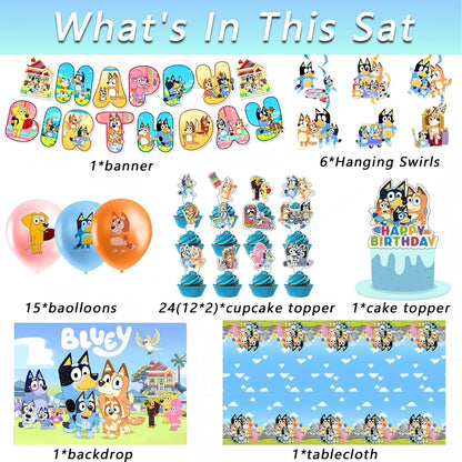 For Bluey Party Supplies, 50 PCS Birthday Decorations Set Include Banner, Balloons,, Hanging Swirls, Cake Cupcake Toppers, Tablecloth for Boys Girls Hunters Theme Party 🍁 All In One Marketplace Canada