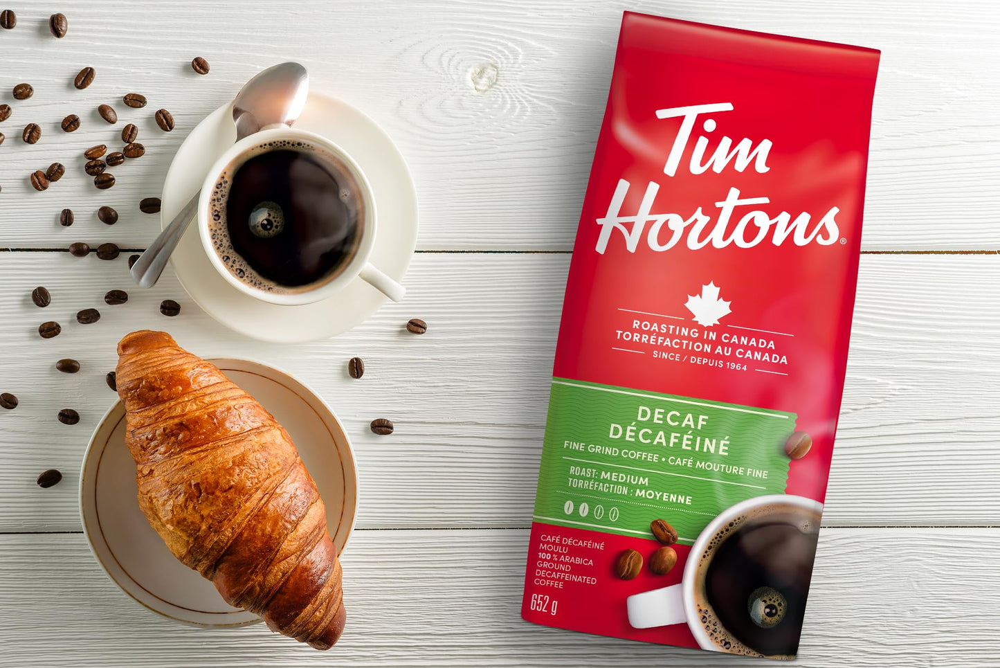 Tim Hortons Decaf, Fine Grind Coffee, Medium Roast, Made with 100% Arabica Beans, 652g Bag