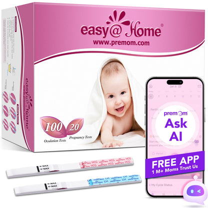 Easy@Home 100 Ovulation & 20 Pregnancy Test Strips Kit: Accurate Fertility Tests - Powered by Premom App OPK | 100 LH + 20 HCG