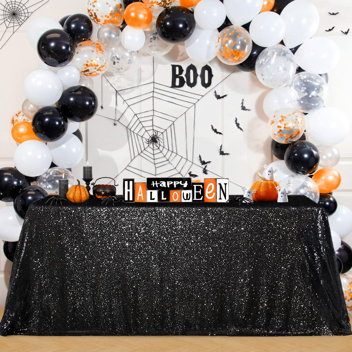 Nappe à paillettes noires B-COOL pour Halloween, chemin de table scintillant rectangulaire de 50x80 pouces pour décorations de table de mariage, anniversaire et bal de fin d'année