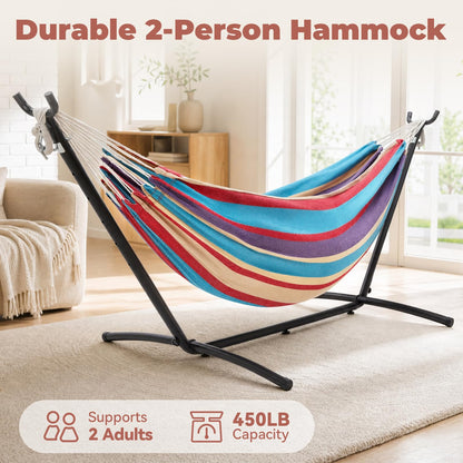 Hammock with Stand, Ohuhu Double Hammock with Space Saving Steel Stand & Pillow 2 Person Hammocks with Portable Carrying Bag for Camping Garden Patio Indoor Use Gift for Birthday, Tropical