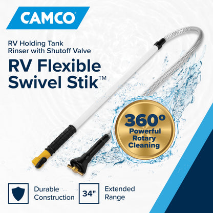 Camco Camper/RV Holding Tank Swivel Stik Rinser | Features Powerful Rotary Cleaning Action & 34-Inches of Flexible Reach | Equipped with 1/4 Turn Shutoff Valve & Ergonomic Easy Grip Handle (40074) Camco