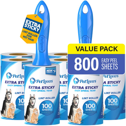 PetLovers Extra Sticky Lint Roller Ultimate Value Set 800 Sheets for Pet Hair Removal, Dog and Cat Lint Remover 8 Pack