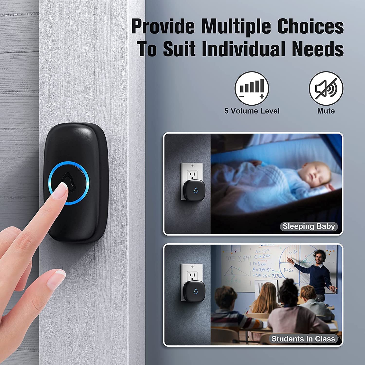 SECRUI Doorbell, Wireless Doorbell with 2 Receivers, Easy Installation, Adjustable Volumes, 58 Chimes, 1000Ft Operating Range, LED Indicator, Black