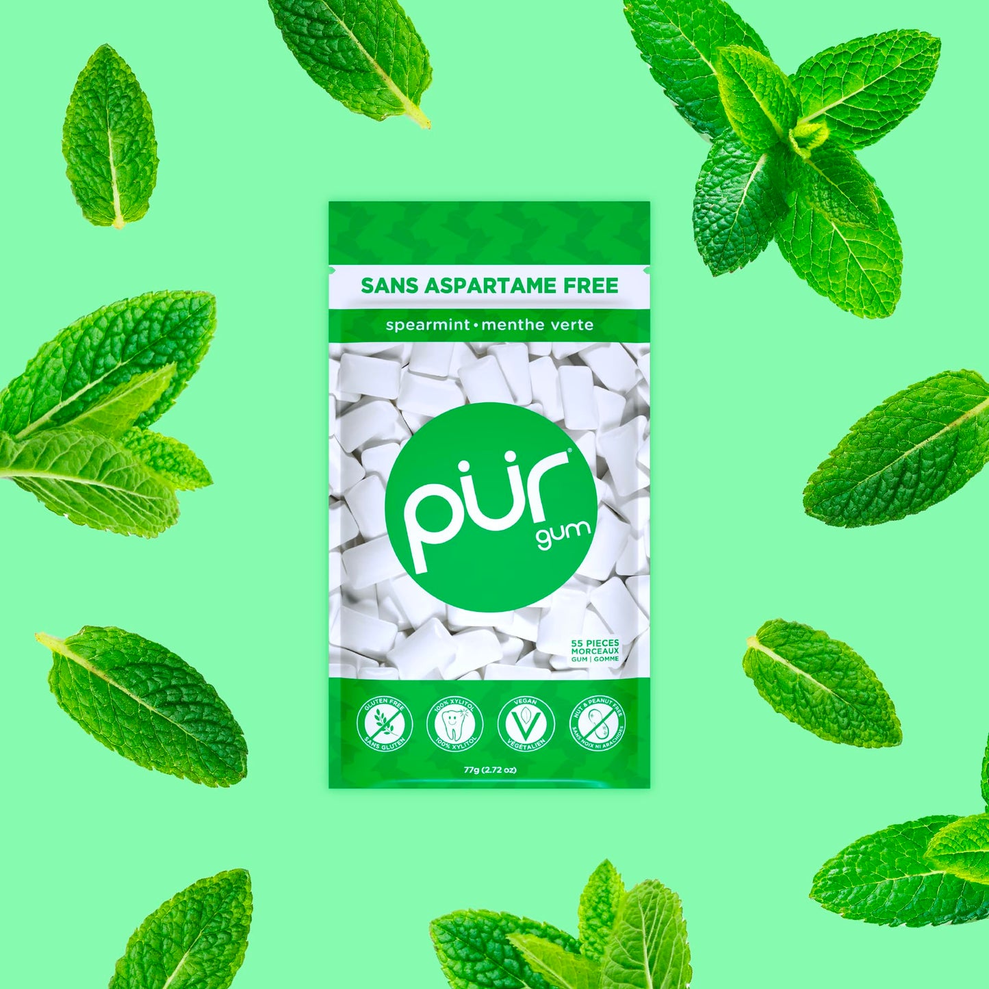 PUR Gum | Aspartame Free Chewing Gum | 100% Xylitol | Natural Spearmint Flavoured Gum, 55 Pieces (Pack of 6) - Available at All In One Marketplace Canada
