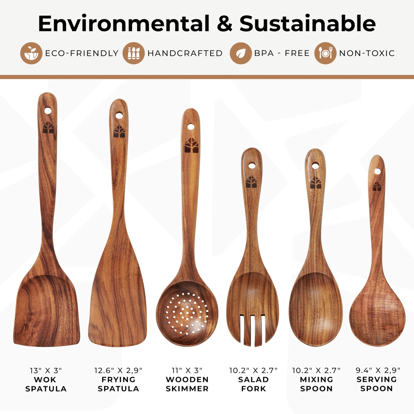Wooden Spoons for Cooking – Wooden Kitchen Utensils Set, 6 Pcs Teak Wood Utensil Set – Comfortable Grip Non–Stick Wooden Cooking Utensils - Available at All In One Marketplace Canada
