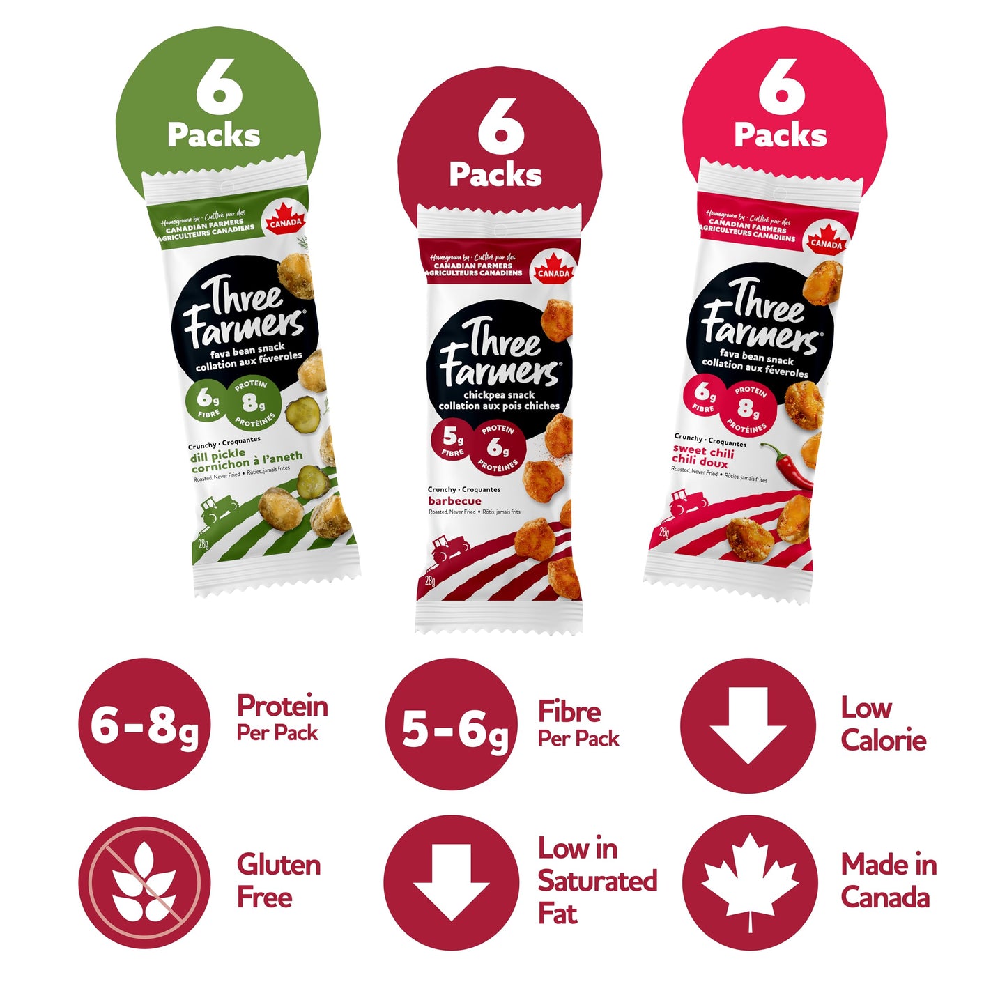 Three Farmers Variety Snack Pack - 18 Count Roasted Fava Beans & Chickpeas with Sweet Chilli, Dill Pickle & BBQ Flavors