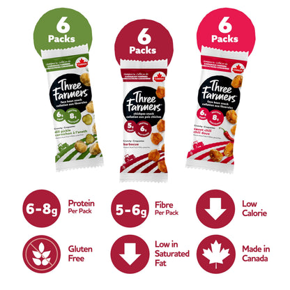 Three Farmers Variety Snack Pack - 18 Count Roasted Fava Beans & Chickpeas with Sweet Chilli, Dill Pickle & BBQ Flavors