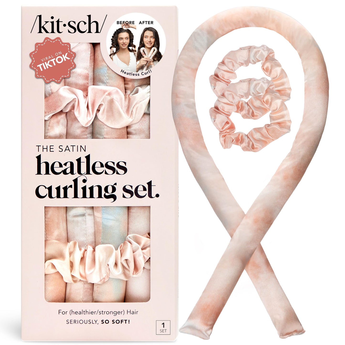 Kitsch Satin Heatless Curlers Set – Heatless Curls Overnight w/ 34" Hair Waver & 2 Satin Hair Scrunchies, Comfortable Hair Curlers to Sleep In for Frizz-Free, No Heat Damage Styling - Sunset Tie Dye