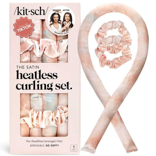 Kitsch Satin Heatless Curlers Set – Heatless Curls Overnight w/ 34" Hair Waver & 2 Satin Hair Scrunchies, Comfortable Hair Curlers to Sleep In for Frizz-Free, No Heat Damage Styling - Sunset Tie Dye