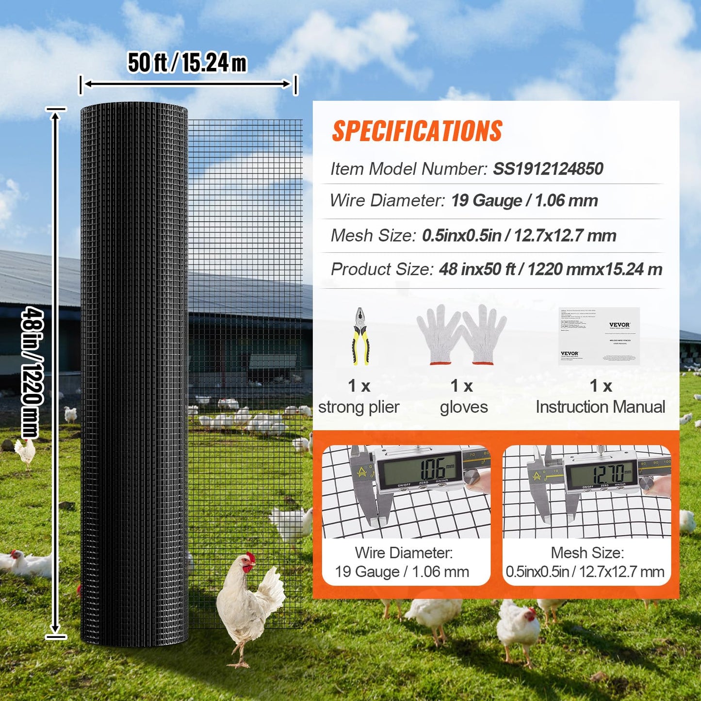 VEVOR Hardware Cloth, 48'' x 50' Galvanized Wire Mesh Roll, 19 Gauge Chicken Wire Fence Roll, Vinyl Coating Metal Wire Mesh for Chicken Coop Barrier, Rabbit Snake Fences, Poultry Enclosures VEVOR