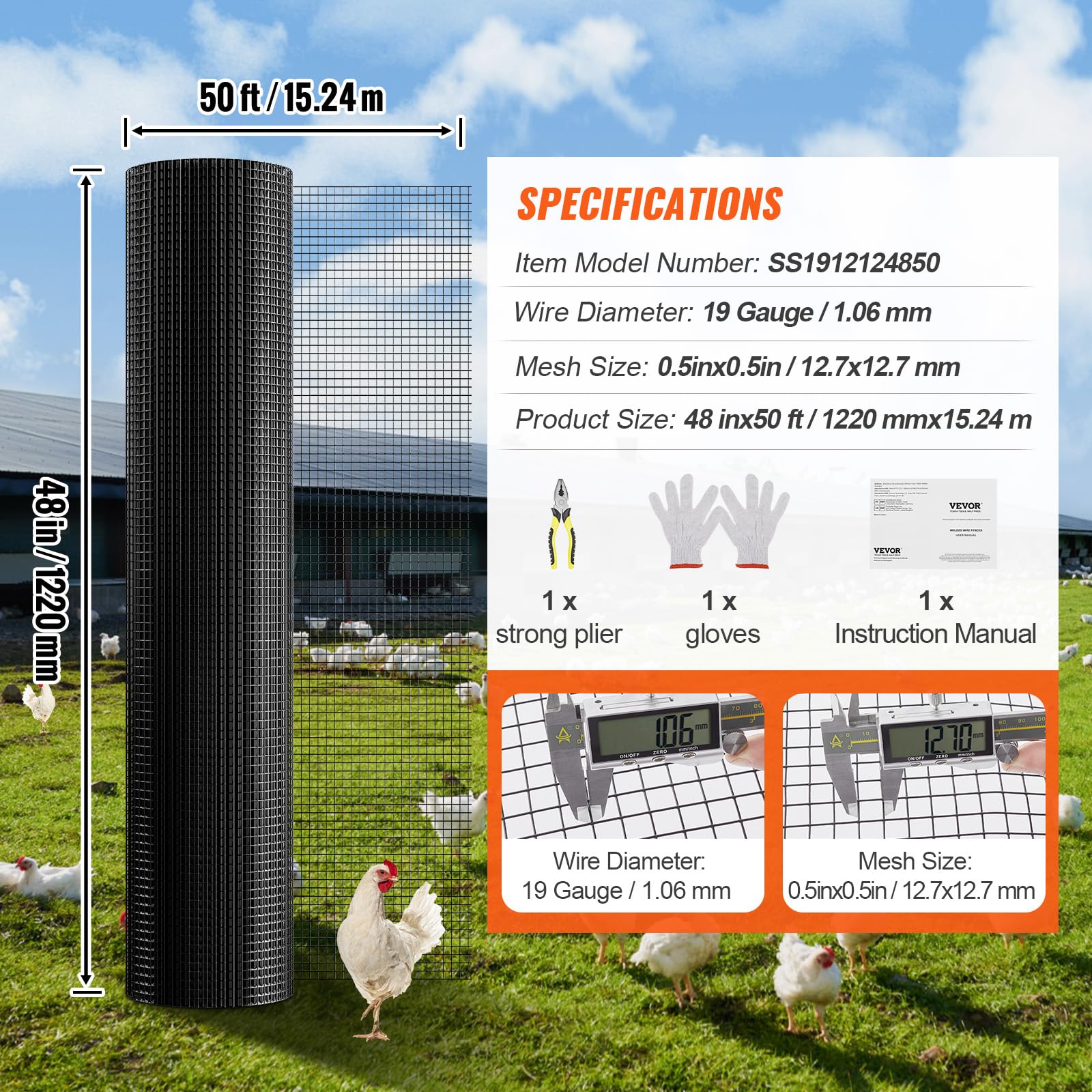 VEVOR Hardware Cloth, 48'' x 50' Galvanized Wire Mesh Roll, 19 Gauge Chicken Wire Fence Roll, Vinyl Coating Metal Wire Mesh for Chicken Coop Barrier, Rabbit Snake Fences, Poultry Enclosures VEVOR