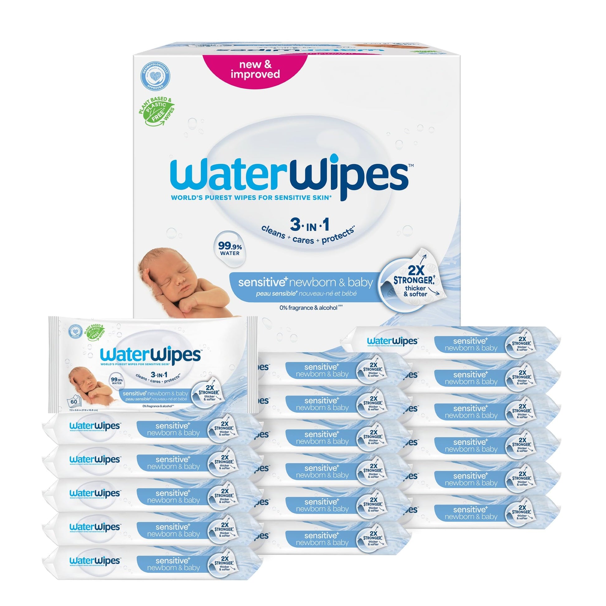 WaterWipes Plastic-Free Original Baby Wipes, 99.9% Water Based Wipes, Unscented & Hypoallergenic for Sensitive Skin, 1080 Count (18 packs)