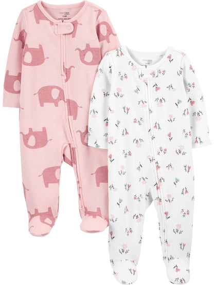 Simple Joys by Carter's Girls' Baby 2-Pack 2-Way Zip Thermal Footed Sleep and Play, Ivory, Floral/Elephants, Newborn Simple Joys by Carter's