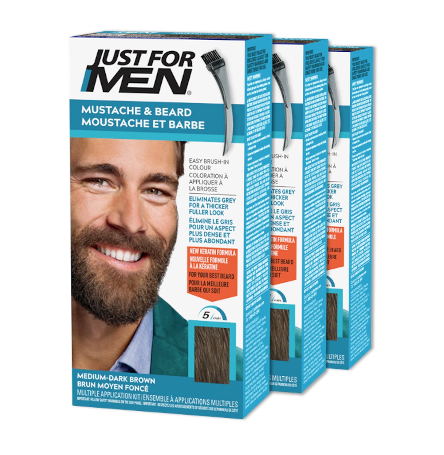 Just For Men Mustache & Beard, Beard Dye for Men with Brush Included for Easy Application, With Biotin Aloe and Coconut Oil for Healthy Facial Hair, Medium-Dark Brown, M-40 (3 Count)