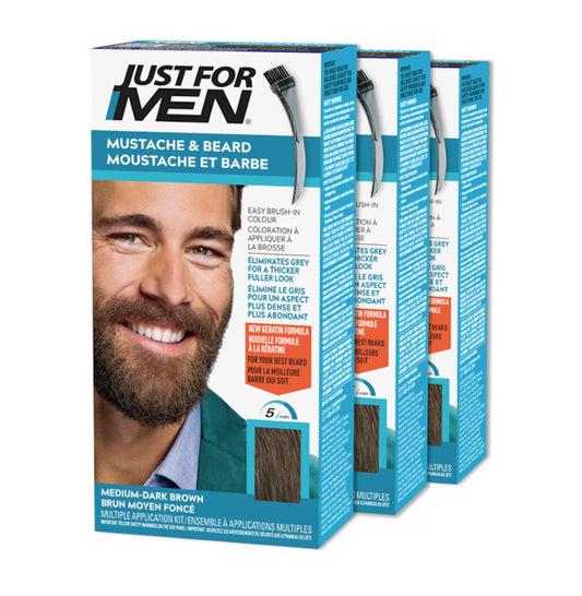 Just For Men Mustache & Beard, Beard Dye for Men with Brush Included for Easy Application, With Biotin Aloe and Coconut Oil for Healthy Facial Hair, Medium-Dark Brown, M-40 (3 Count) 🍁 All In One Marketplace Canada