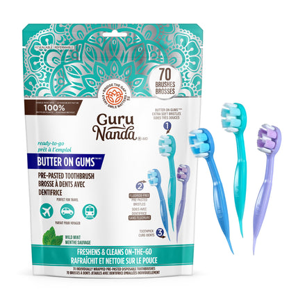GuruNanda Disposable Travel Toothbrush 1.0, Fluoride Free Toothpaste, 70 ct