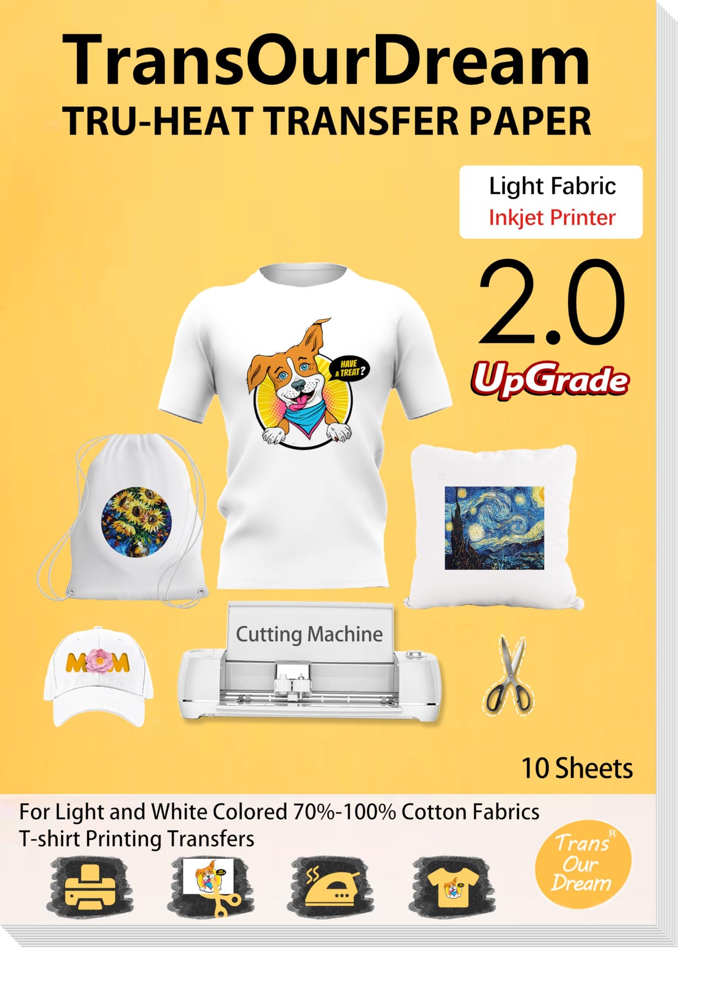 TransOurDream Tru-Iron on Heat Transfer Paper for Light Fabric (10 Sheets, 8.5x11", 2nd Generation) Iron-on Transfers Paper for Light T-Shirts Printable Heat Transfer Vinyl for Inkjet Printer (CA-2-10)