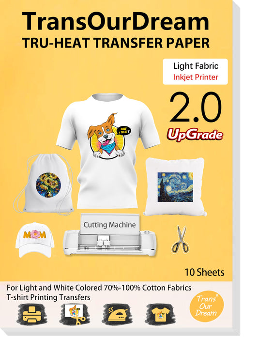 TransOurDream Tru-Iron on Heat Transfer Paper for Light Fabric (10 Sheets, 8.5x11", 2nd Generation) Iron-on Transfers Paper for Light T-Shirts Printable Heat Transfer Vinyl for Inkjet Printer (CA-2-10)