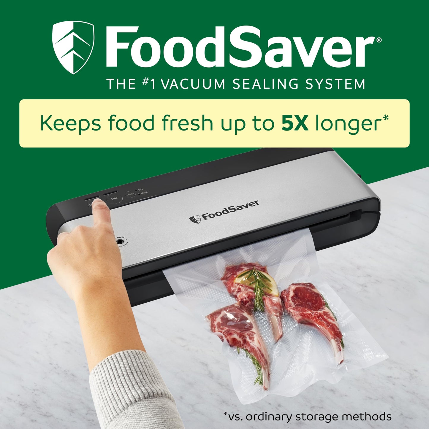 FoodSaver PowerVac Compact Vacuum Sealer Machine w/ Vertical Storage | 5 Airtight Vacuum Seal Bags & 1 Roll | VS0150 | Stainless Steel / Black - Available at All In One Marketplace Canada
