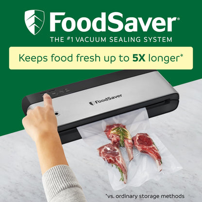 FoodSaver PowerVac Compact Vacuum Sealer Machine w/ Vertical Storage | 5 Airtight Vacuum Seal Bags & 1 Roll | VS0150 | Stainless Steel / Black - Available at All In One Marketplace Canada