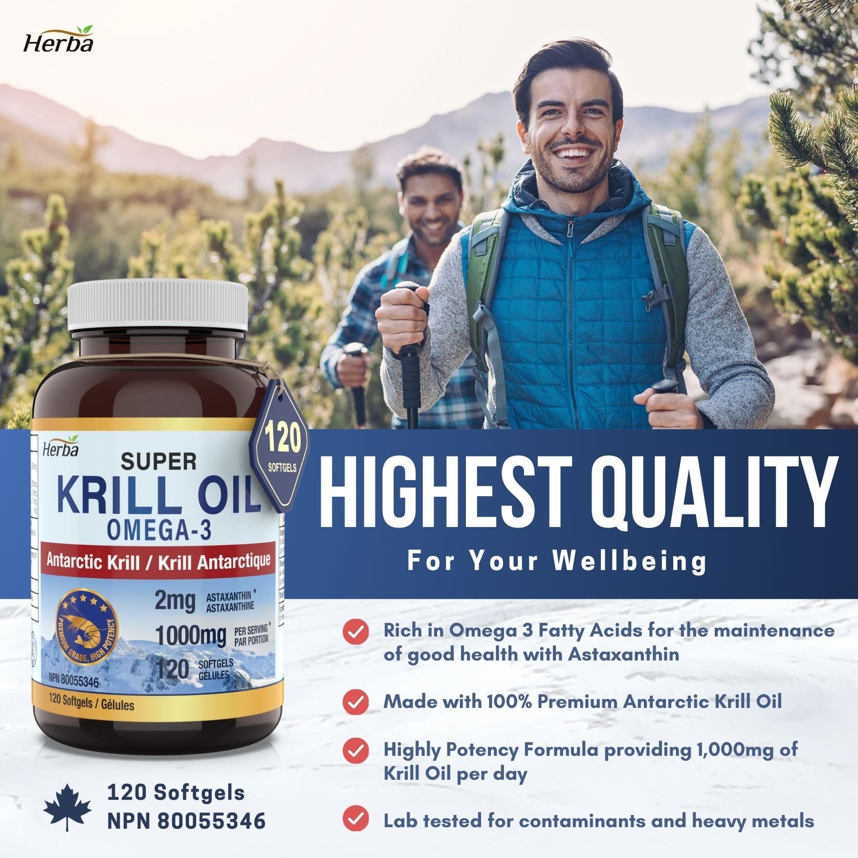 Herba Krill Oil Omega 3 Supplements - 120 Softgels | 1000mg of Antarctic Krill Oil Per Day (2 softgels 500mg each) | Source of Omega 3 Fatty Acids | High Astaxanthin | Premium Grade - 500mg per Soft Gel | Made in Canada - Available at All In One Marketplace Canada