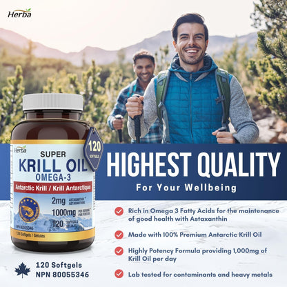 Herba Krill Oil Omega 3 Supplements - 120 Softgels | 1000mg of Antarctic Krill Oil Per Day (2 softgels 500mg each) | Source of Omega 3 Fatty Acids | High Astaxanthin | Premium Grade - 500mg per Soft Gel | Made in Canada - Available at All In One Marketplace Canada