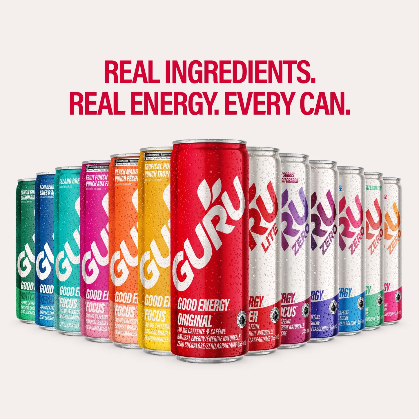 GURU ZERO SUGAR Organic Energy Drink Variety Pack – Plant-Based Caffeine, 140mg per 355mL, 12-Pack