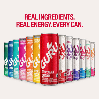GURU ZERO SUGAR Organic Energy Drink Variety Pack – Plant-Based Caffeine, 140mg per 355mL, 12-Pack