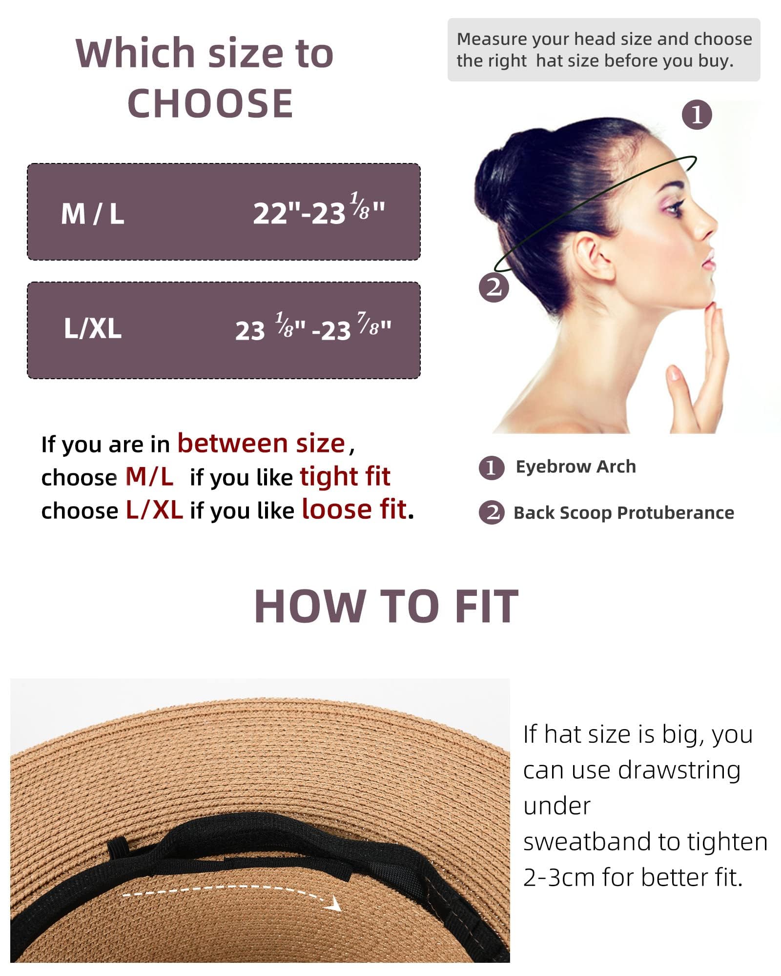 FURTALK Womens Mens Wide Brim Straw Panama Hat Fedora Summer Beach Sun Hat UPF Straw Hat for Women Khaki-Black