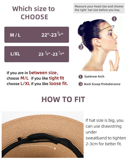 FURTALK Womens Mens Wide Brim Straw Panama Hat Fedora Summer Beach Sun Hat UPF Straw Hat for Women Khaki-Black