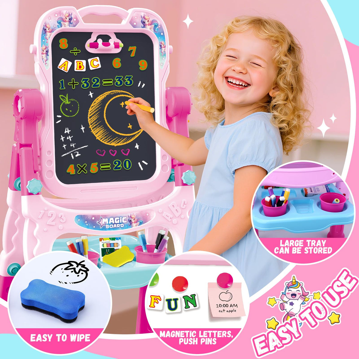 Art Easel for Kids - Adjustable Double-Sided Rotatable Magnetic White Board with Painting Accessories, Preschool Learning Toy for Girls 3-5 Years Old,Ideal Christmas Birthday Gift (Pink) 🍁 All In One Marketplace Canada