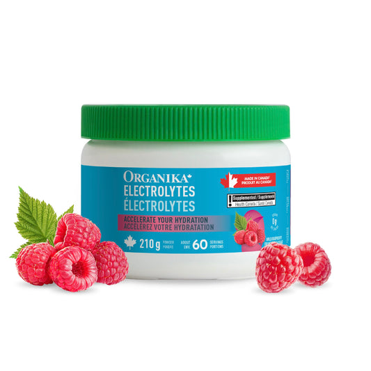 Organika Canadian-Made Electrolytes Powder with Vitamin C & Prebiotic Fibre - Sugar-Free Hydration Drink Mix - Wild Raspberry - 210 g - 60 servings