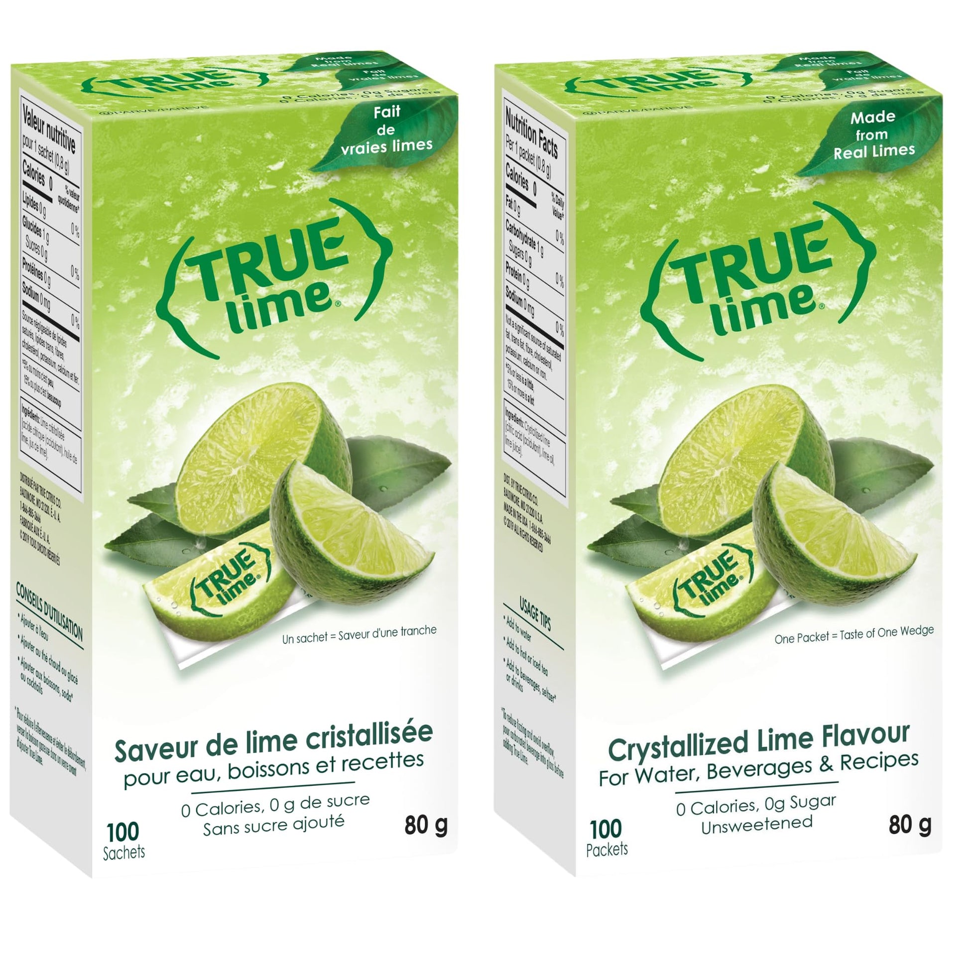 True Lime Water Enhancer - Sugar Free, 0 Calories, 100% Natural Lime Flavor - 100 Single-Serve Packets (Bilingual Label)