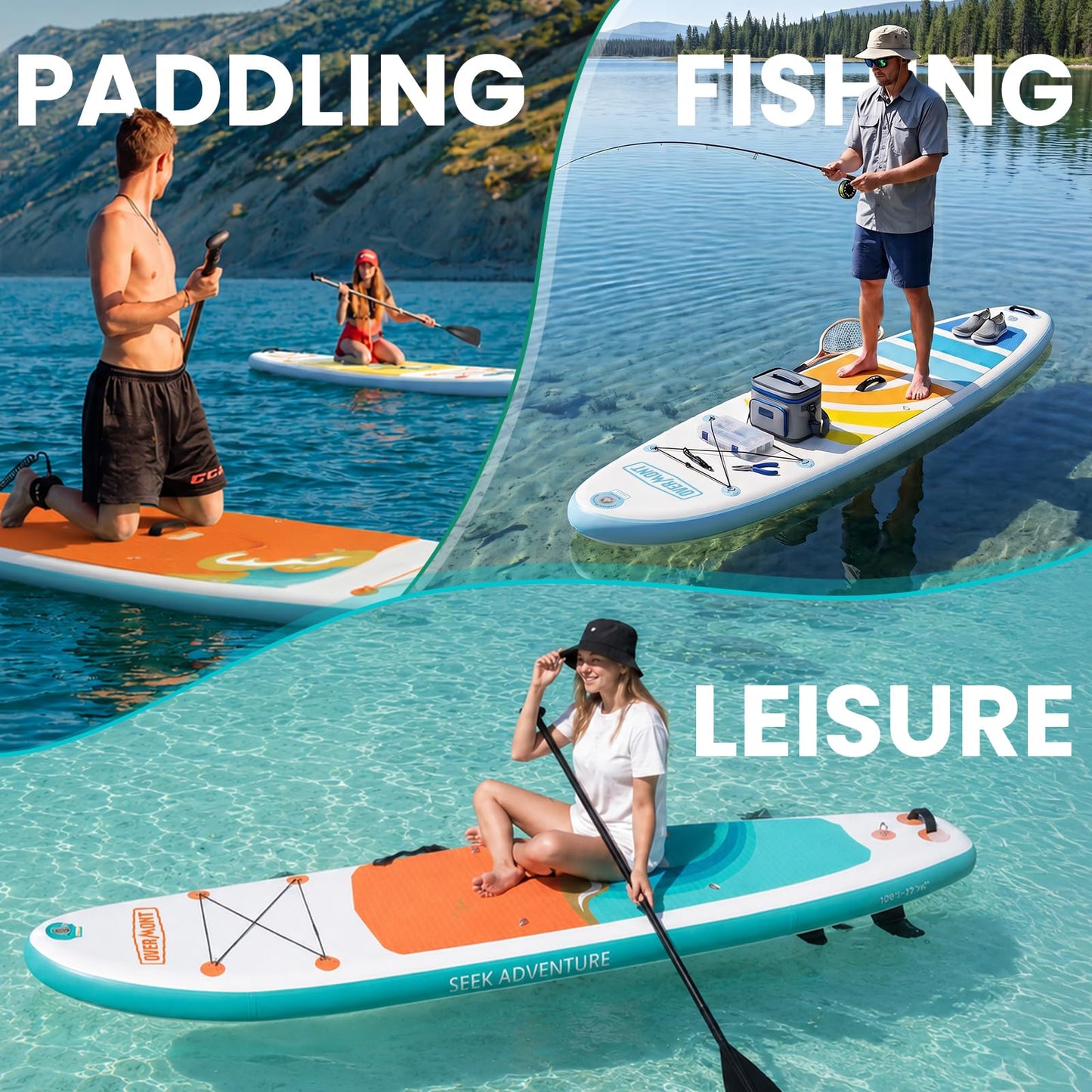 Overmont Inflatable Paddle Board 10'7" x 33" x 6", Extra Wide SUP for Adults & Beginners, 350 lb Stand Up Paddle Board with Adjustable Paddle, Pump, 3 Fins, Leash, Backpack & Repair Kit OVERMONT