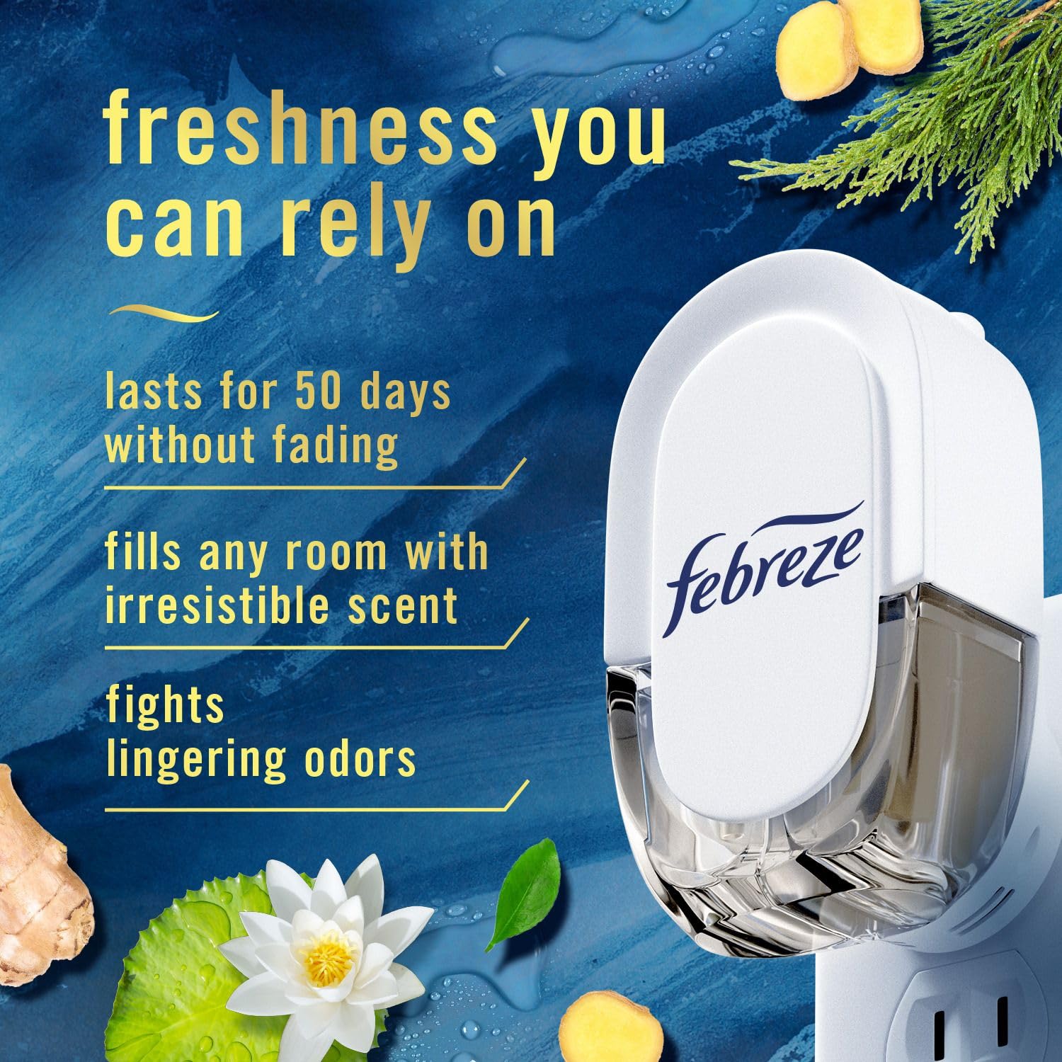 Febreze Plug In Air Freshener, Odor-Fighting Scented Oil Refill for Home and Bathroom and Kitchen, Long Lasting for Strong Odors, Ocean & Mountain Scents, 4 Count Febreze