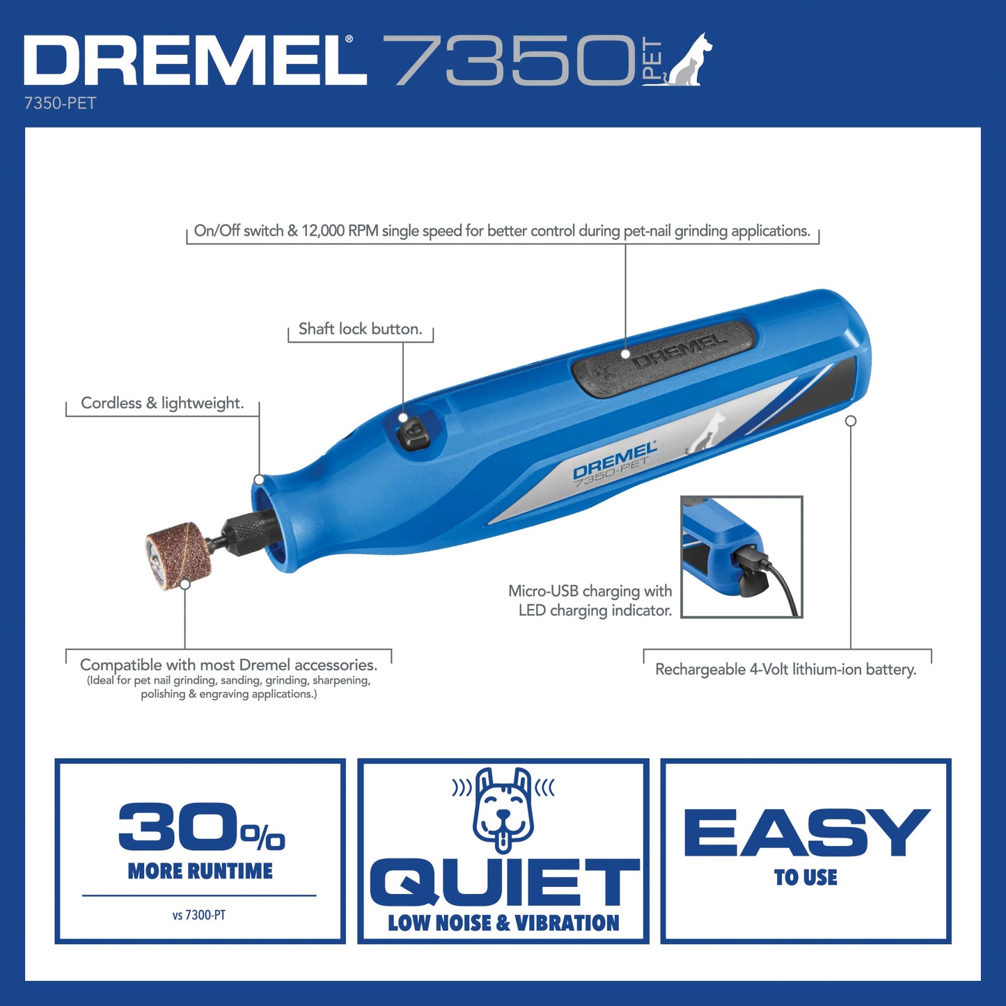 Dremel 7350-PET 4V Pet & Dog Nail Grinder, Easy-to-Use & Safe Nail Trimmer, Professional Pet Grooming Kit - Works on Large, Medium, Small Dogs & Cats Dremel
