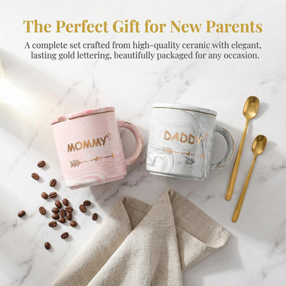 WUWEOT 2 Pack Dad and Mom Coffee Mug Set for Parents to be, New Mom and First Time Pregnancy Gifts for Christmas, Marble Ceramic Coffee Cup Set with Gift Box, Lid, Spoon (10OZ) 🍁 All In One Marketplace Canada