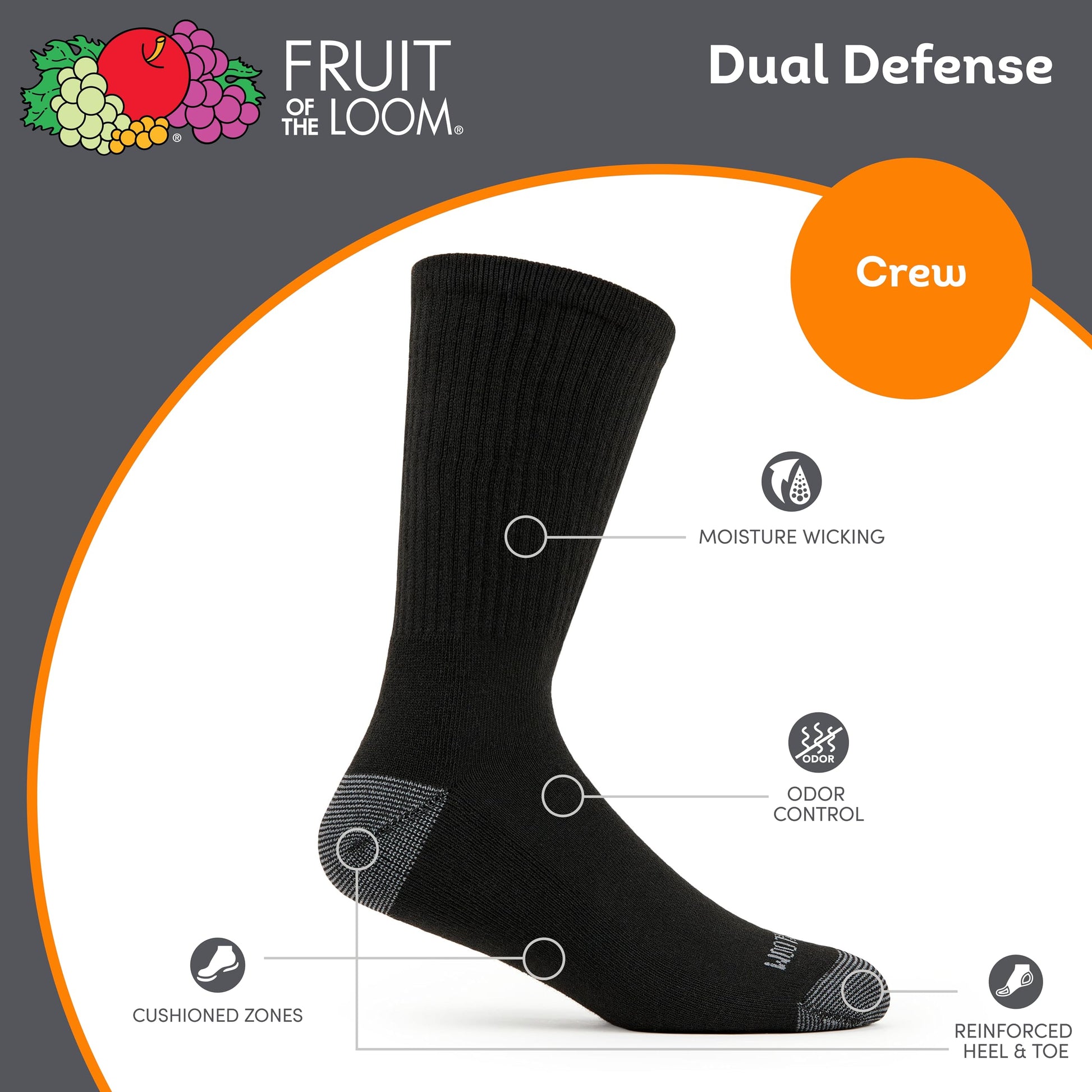 Fruit of the Loom Men's Dual Defense Crew Socks (12 Pack), Black, Medium (6 - 12) - Available at All In One Marketplace Canada