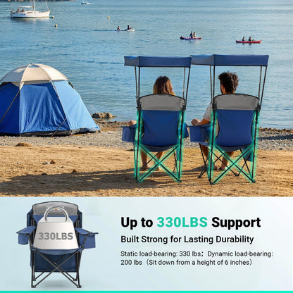 Overmont Beach Chair with Canopy Shade and Cooler - Support 330lbs Oversized Folding Camping Chair with Umbrella- Cup Holder - Cool Bag - Lounge Chair for Sand Travel Outdoor Pool Sports Blue 2pcs OVERMONT