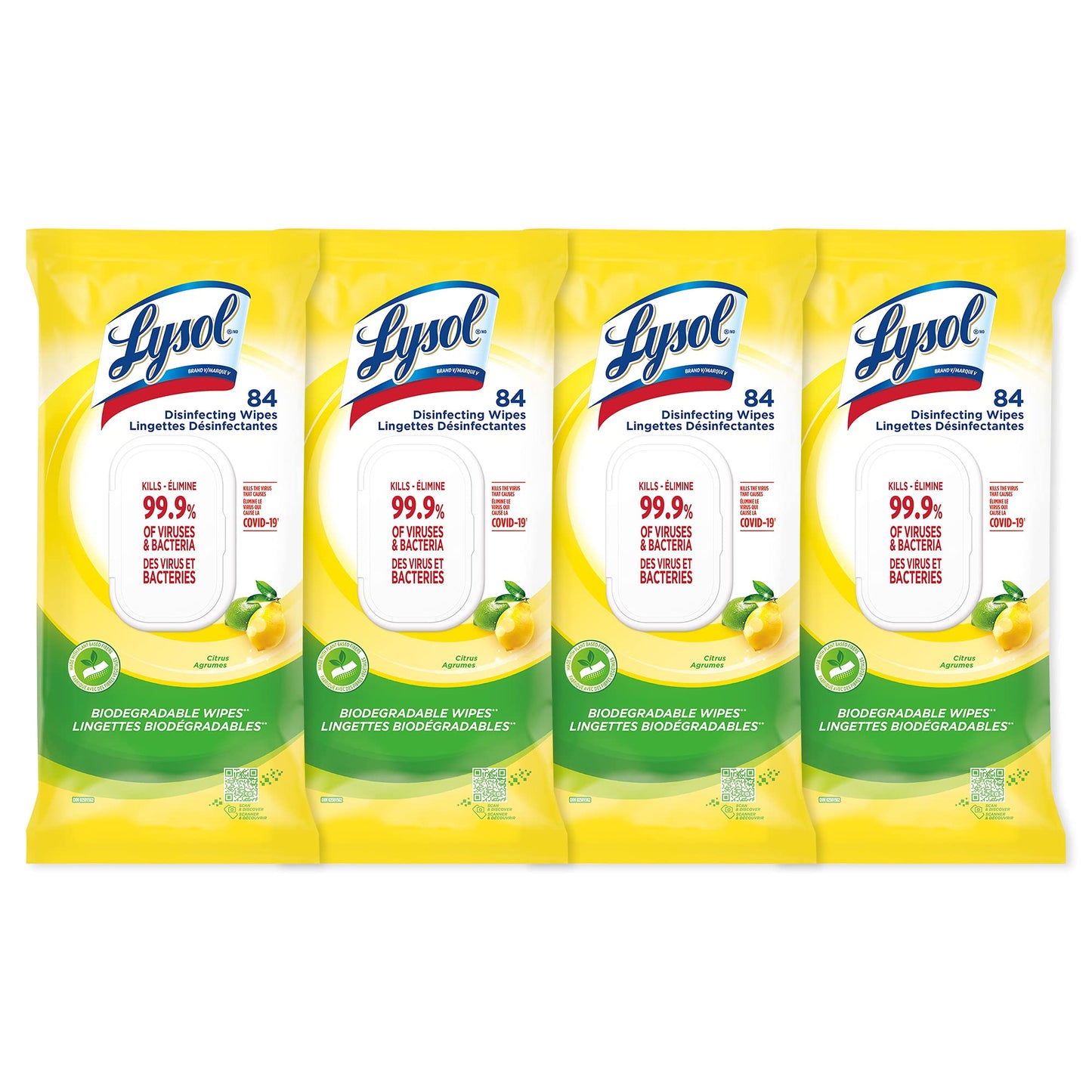 Lysol Disinfecting Wipes Flatpack, Citrus, Biodegradable Wipes, Kills 99.9% of Viruses & Bacteria, Bulk Pack of 4, 336 count (4 x 84 count) - Available at All In One Marketplace Canada